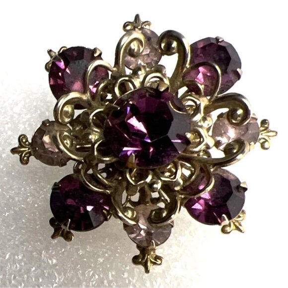 Vintage Purple Lavender Brooch Rhinestone Filigree Fleur-de-Lis Victorian Reviva - Picture 3 of 13